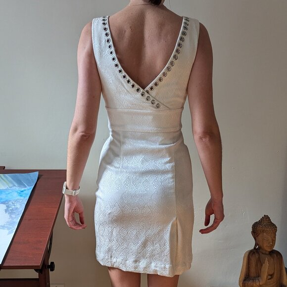 CATHERINE MALANDRINO White 100% Silk Grommet V Neck Cocktail Dress Size 4 - Picture 5 of 16